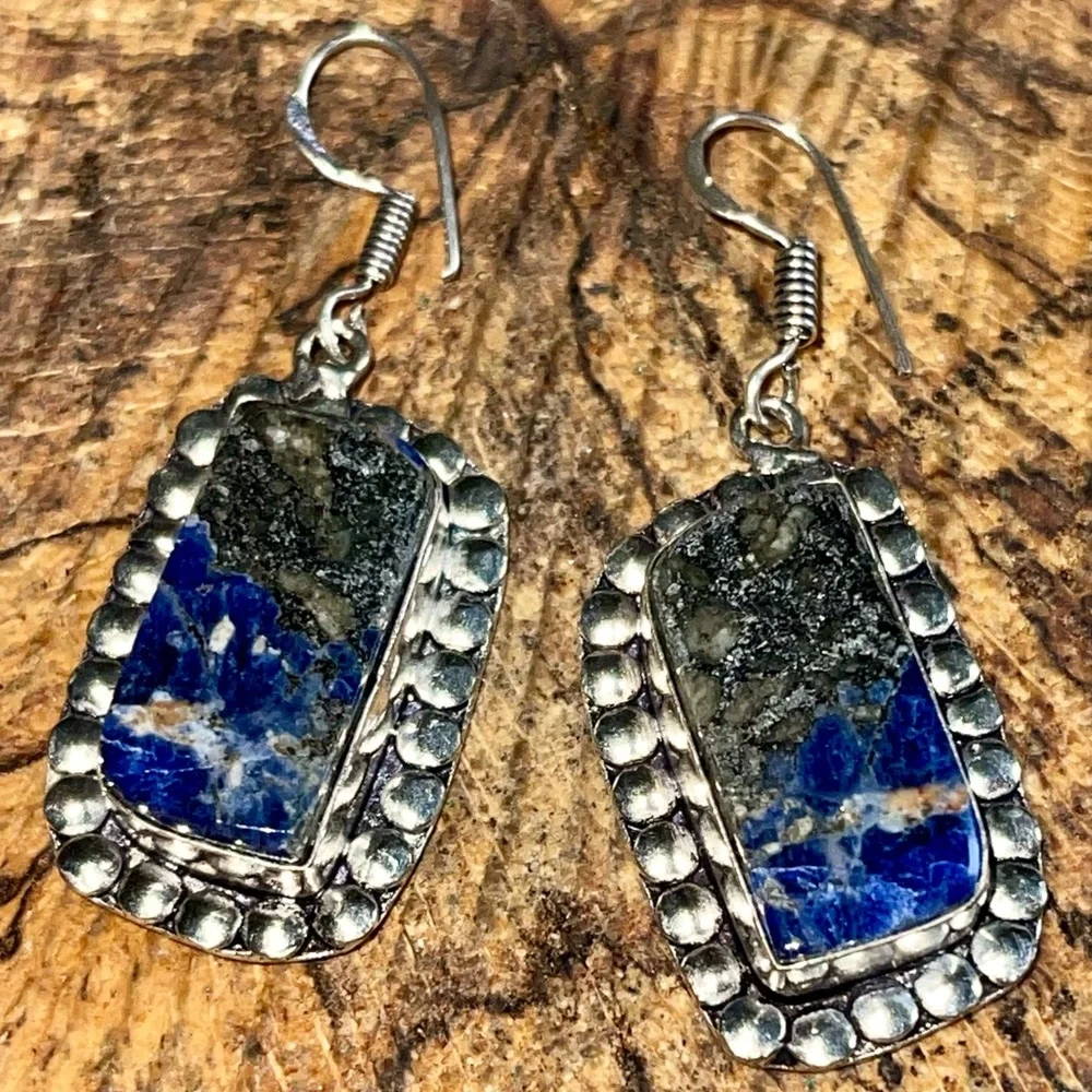 Navy Sodalite with Pyrite Earrings 1 1/2” - Picture 9 of 11